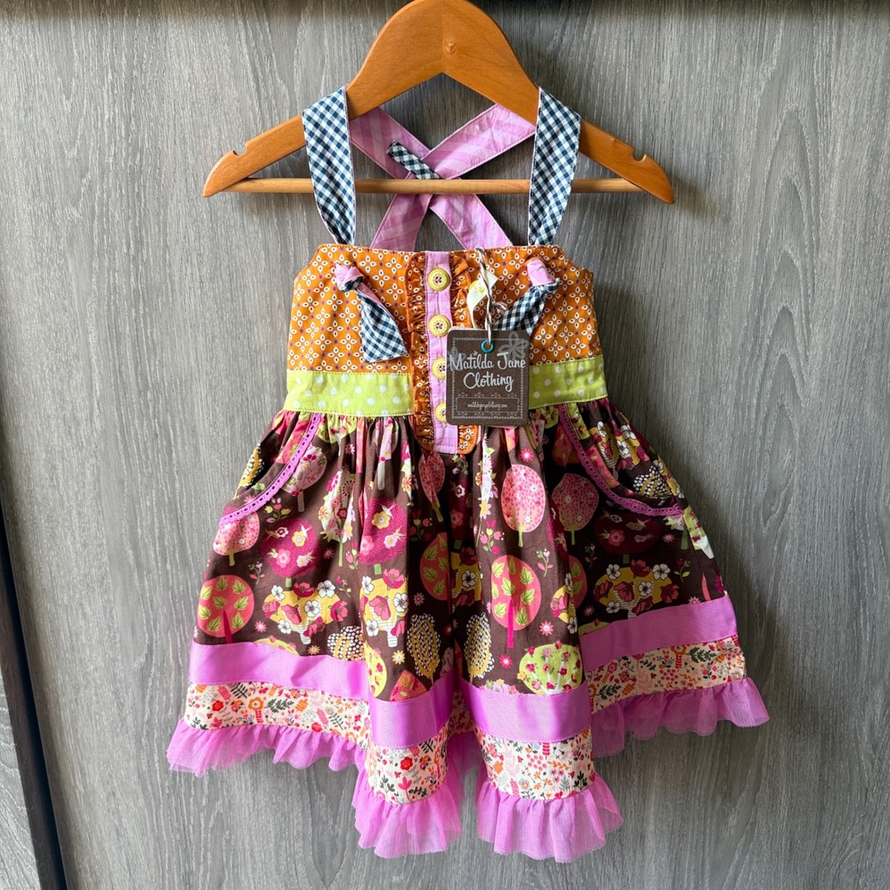 Matilda Jane Spinning With Joy Knot Dress 2 Brown Pink Floral Tree Whimsical NWT